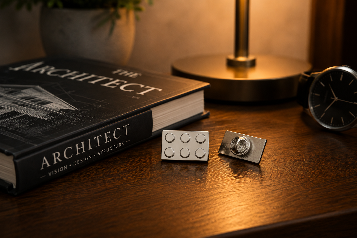 Silver building block lapel pin displayed beside architecture book on wooden nightstand