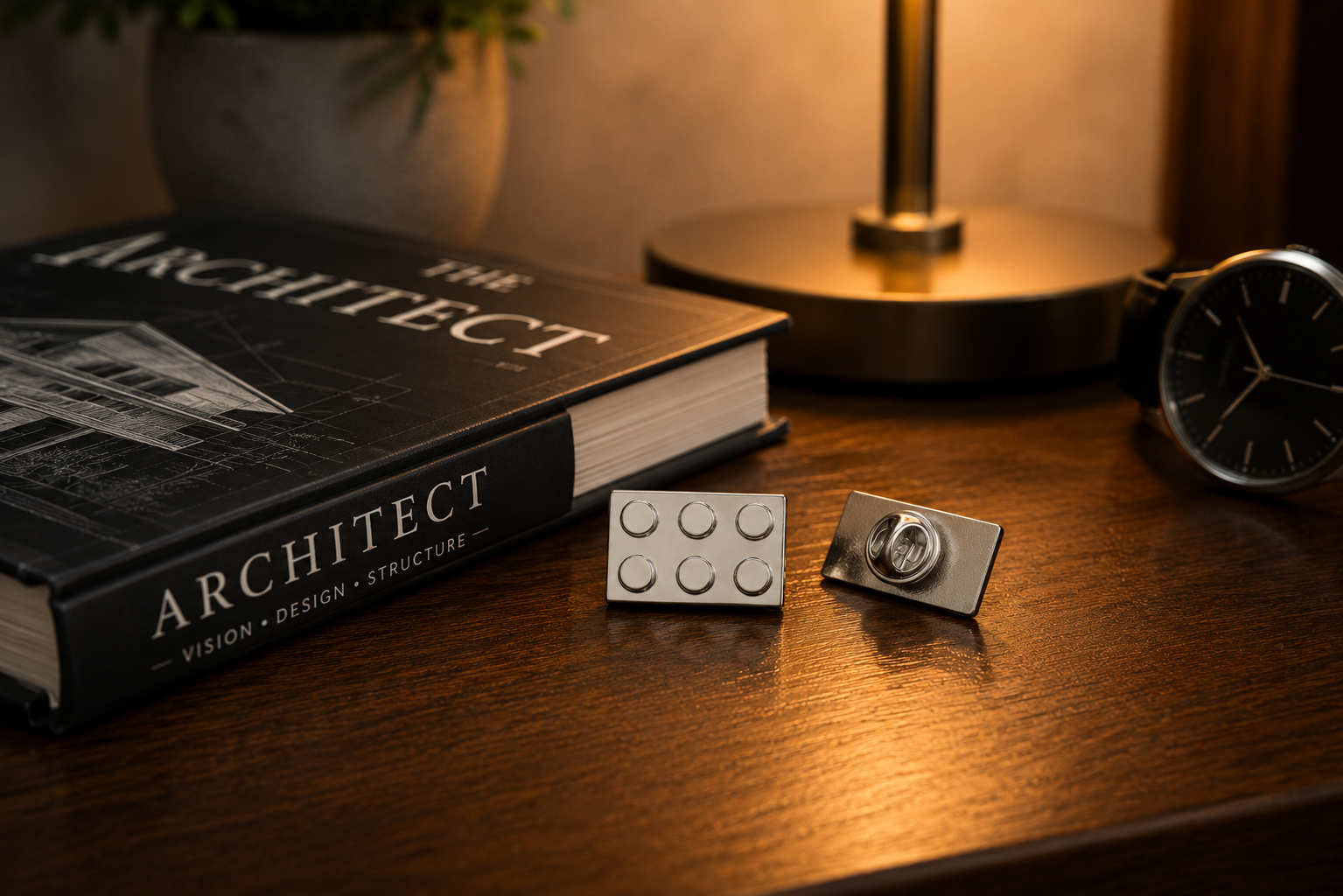 Silver building block lapel pin displayed beside architecture book on wooden nightstand