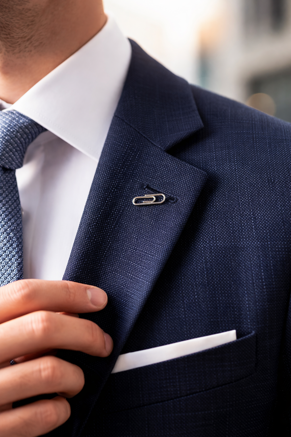 Close-up of a person wearing a navy suit with a white shirt and blue tie. Silver Paper Clip Lapel Pin Tie Pin