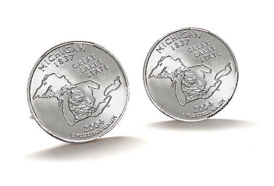 Michigan State Quarter Coin Cufflinks Uncirculated U.S. Quarter 2004 Cuff Links Enamel Backing Cufflinks