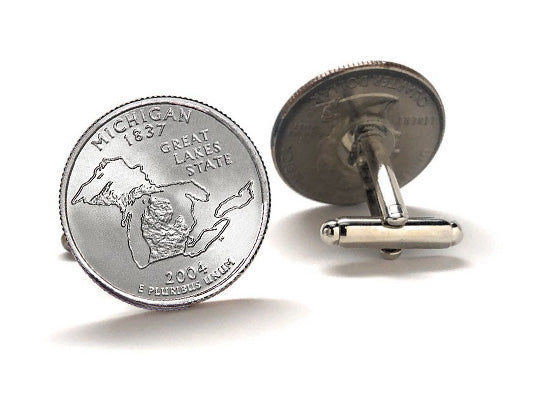 Michigan State Quarter Coin Cufflinks Uncirculated U.S. Quarter 2004 Cuff Links Enamel Backing Cufflinks