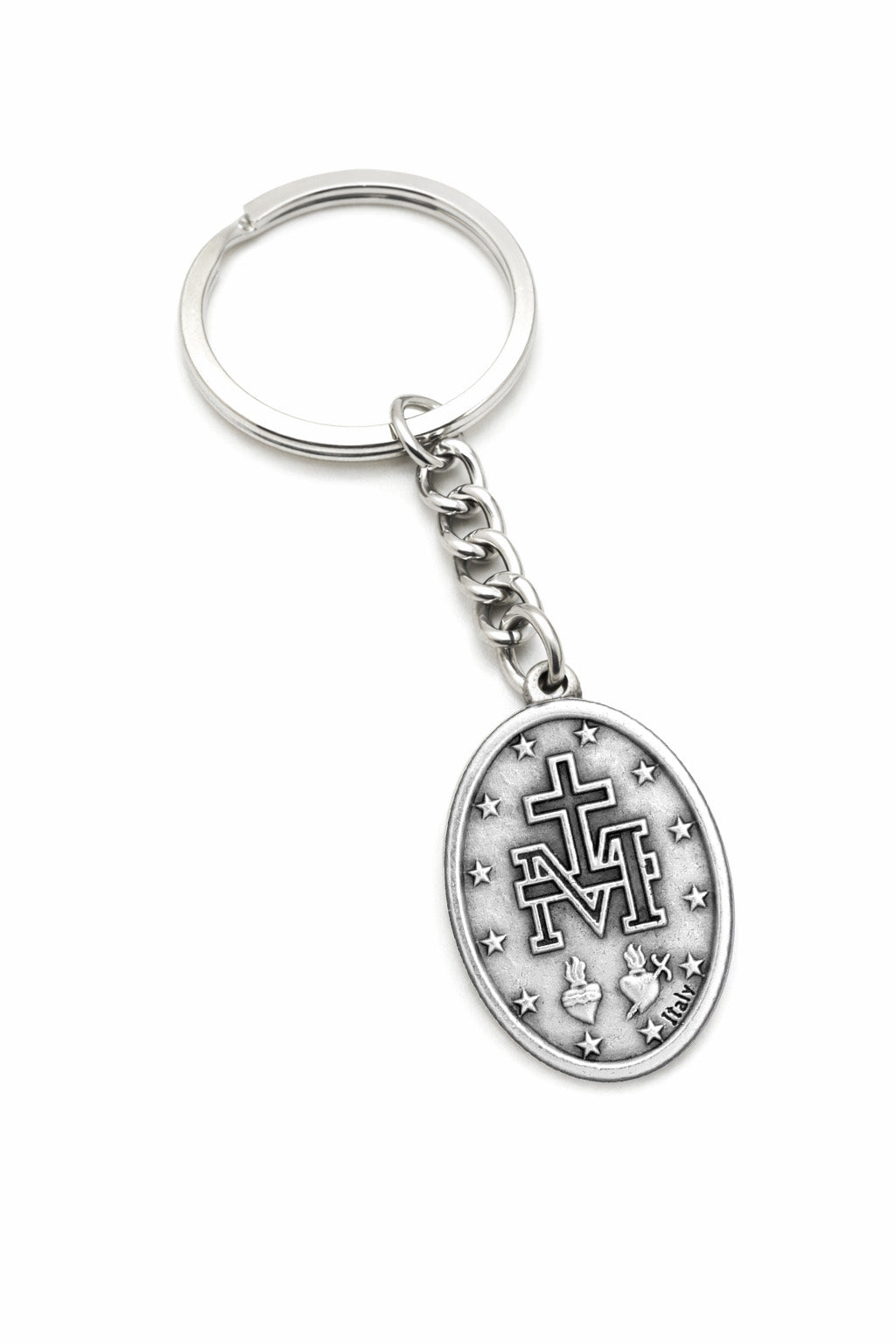 Miraculous Medal Catholic keychain with Marian M cross and sacred hearts on white background