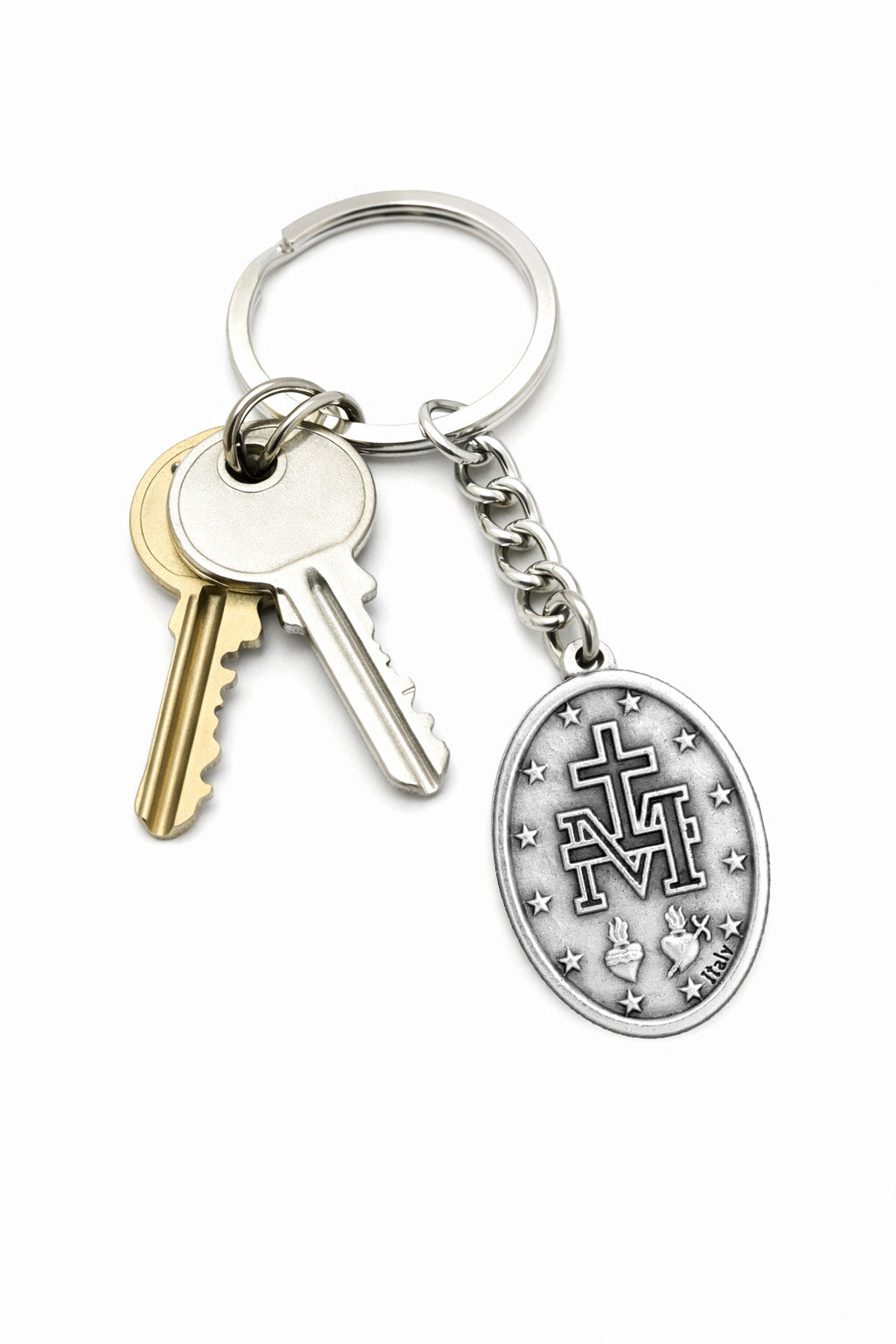 Miraculous Medal Catholic keychain with Marian M cross and sacred hearts on white background