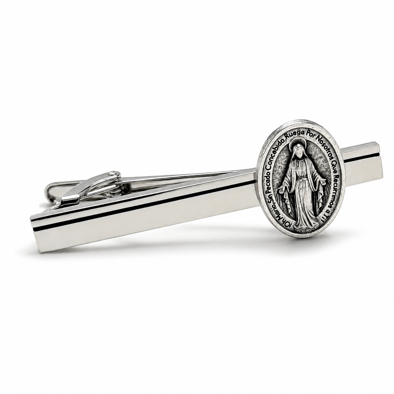 Spanish Edition Mother Mary Miraculous Medal Silver Tie Bar for Men – Religious Catholic Jewelry