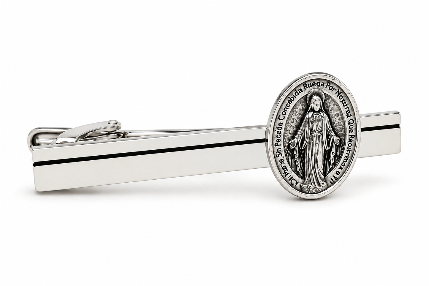 Spanish Edition Mother Mary Miraculous Medal Silver Tie Bar for Men – Religious Catholic Jewelry