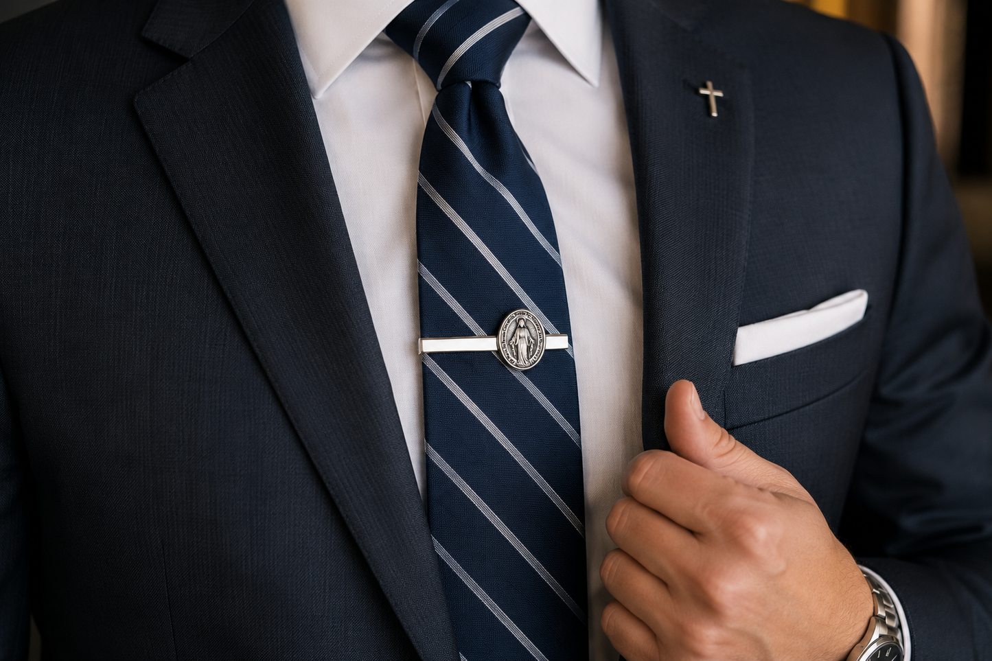 Spanish Edition Mother Mary Miraculous Medal Silver Tie Bar for Men – Religious Catholic Jewelry