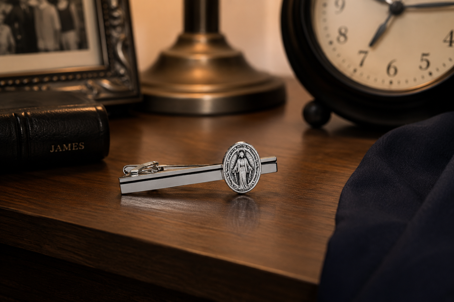 Spanish Edition Mother Mary Miraculous Medal Silver Tie Bar for Men – Religious Catholic Jewelry