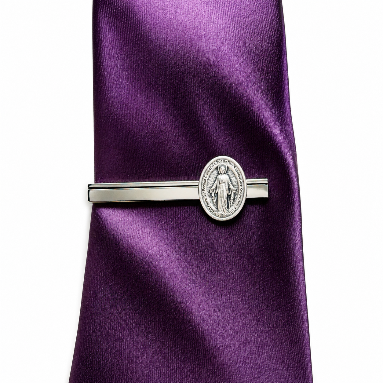 Spanish Edition Mother Mary Miraculous Medal Silver Tie Bar for Men – Religious Catholic Jewelry