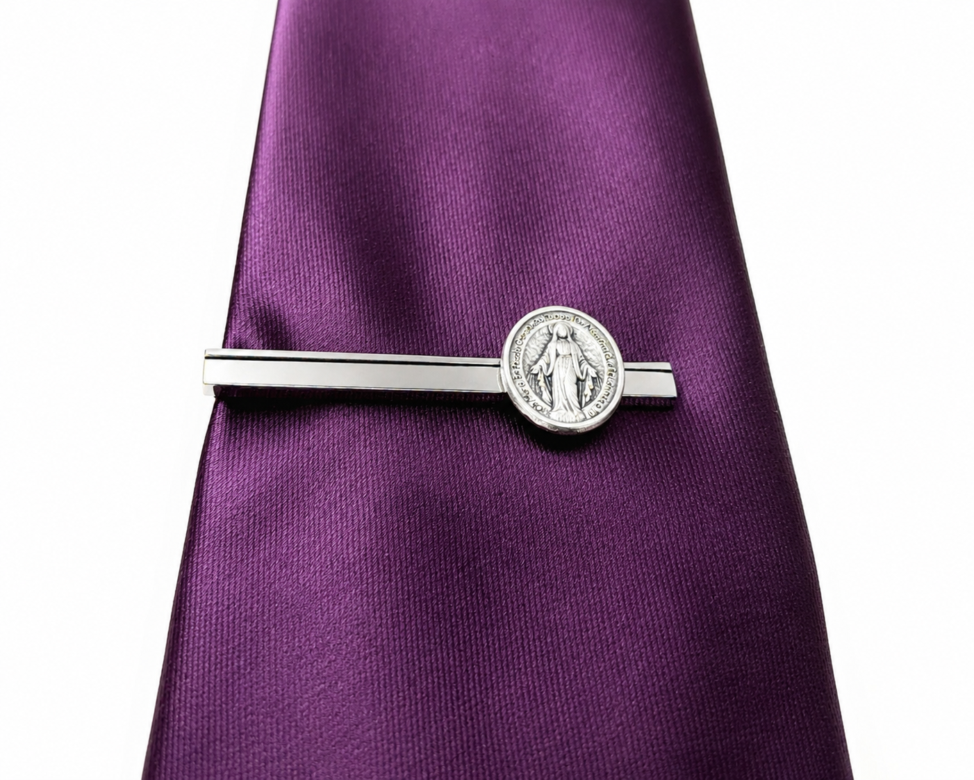 Spanish Edition Mother Mary Miraculous Medal Silver Tie Bar for Men – Religious Catholic Jewelry