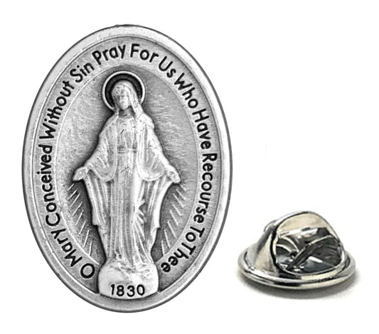 Miraculous Medal Mother Mary lapel pin made in Italy with Marian prayer inscription