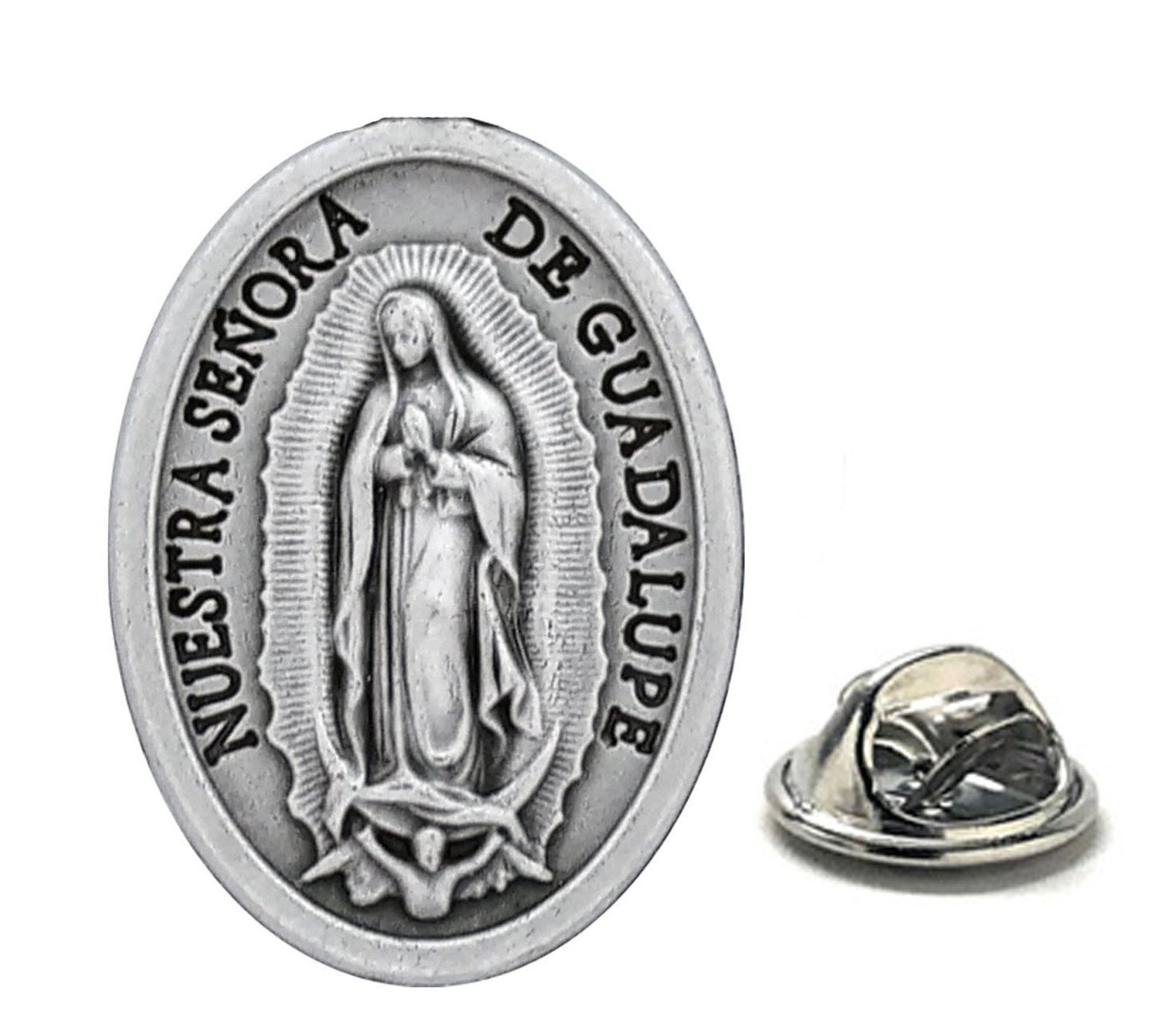 Our Lady of Guadalupe lapel pin made in Italy, silver-tone Catholic Marian devotional pin with detailed oval design