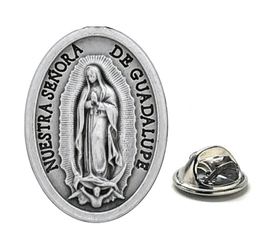 Our Lady of Guadalupe lapel pin made in Italy, silver-tone Catholic Marian devotional pin with detailed oval design