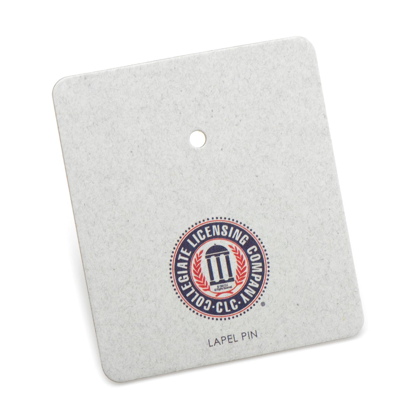 Lapel pin on a gray card with a logo and text