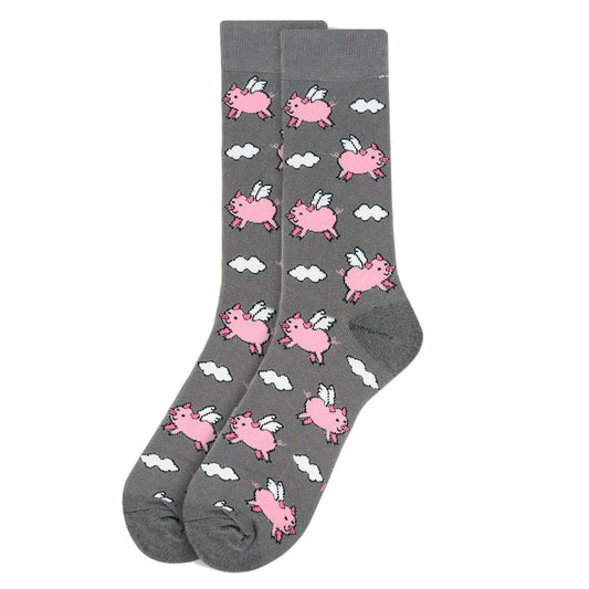 Fun Socks Men's Flying Pigs Novelty Socks Grey and Pink Pig Farm Little Piggies Gift for Dad Gift for Pig Lover