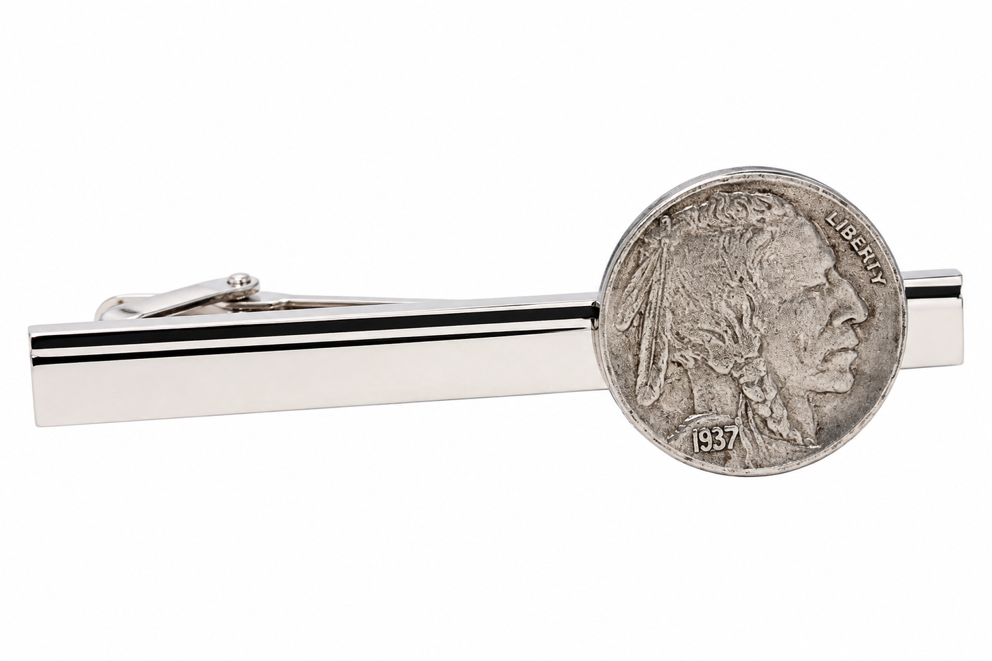 Native American Buffalo Nickel tie clip handcrafted from a genuine U.S. Buffalo Nickel mounted on a polished silver tie bar.