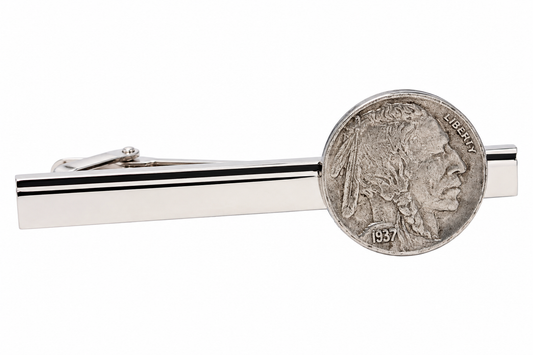 Native American Buffalo Nickel tie clip handcrafted from a genuine U.S. Buffalo Nickel mounted on a polished silver tie bar.