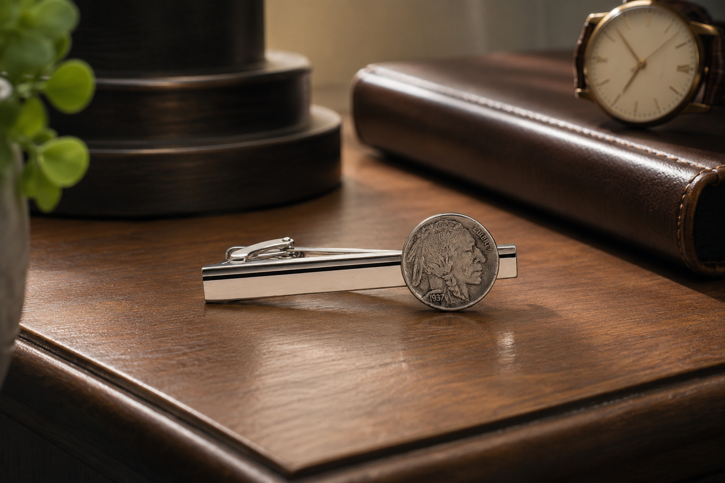 Native American Buffalo Nickel tie clip resting on a wooden nightstand beside a watch and leather journal.