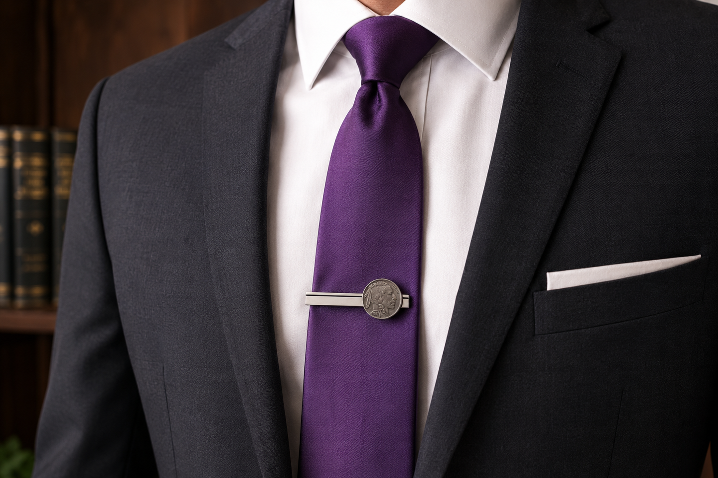 Handmade Native American Buffalo Nickel tie clip worn on a men's dress shirt and tie.