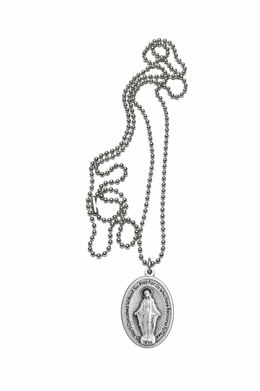 Miraculous Medal Catholic necklace with Virgin Mary on silver tone 18 inch ball chain religious jewelry