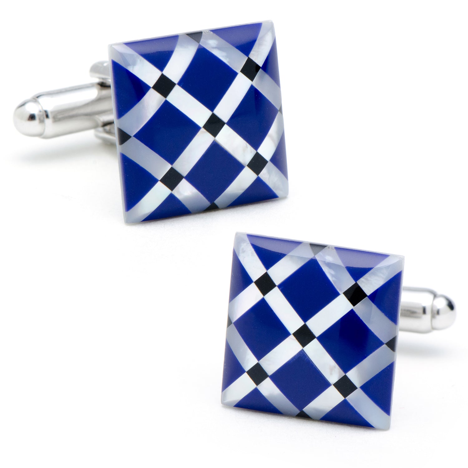 Blue and white checkered cufflinks on a white background