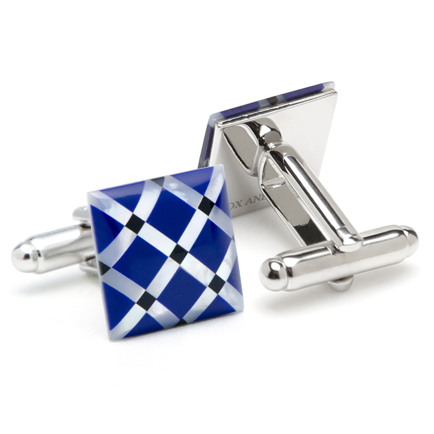 Cufflinks with blue and white checkered design on a white background