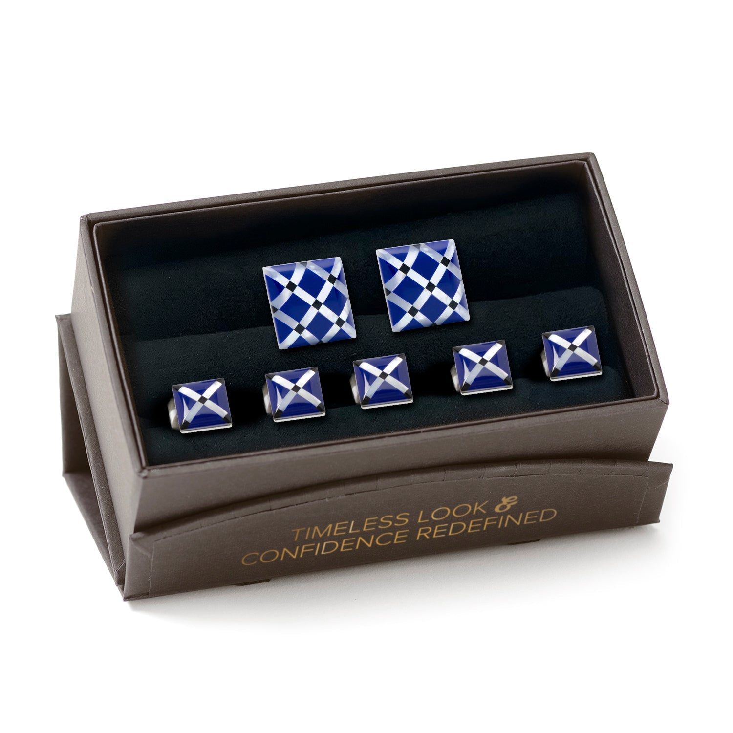 Set of blue and white patterned cufflinks in a branded box.
