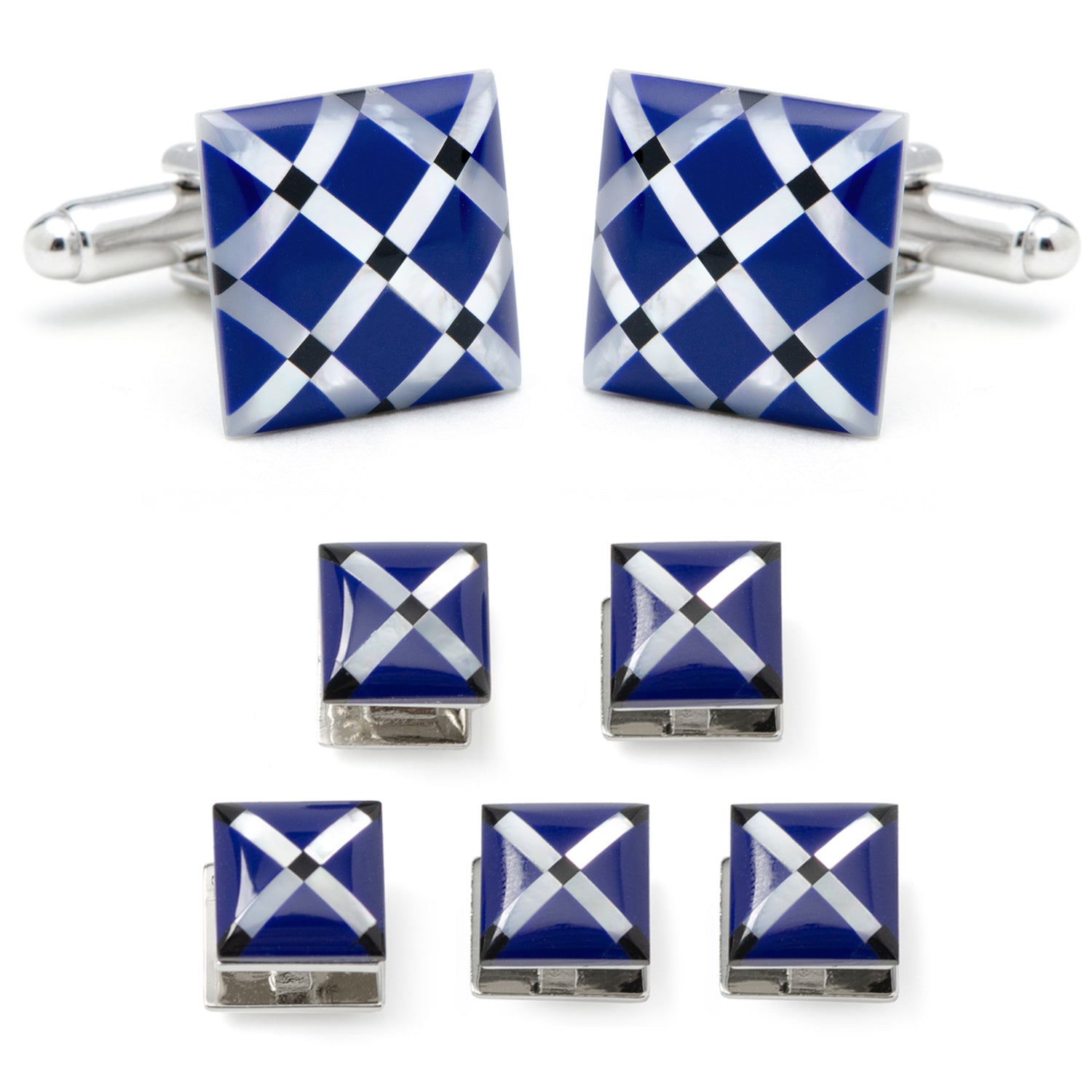 Set of blue and white checkered cufflinks and tie clips on a white background