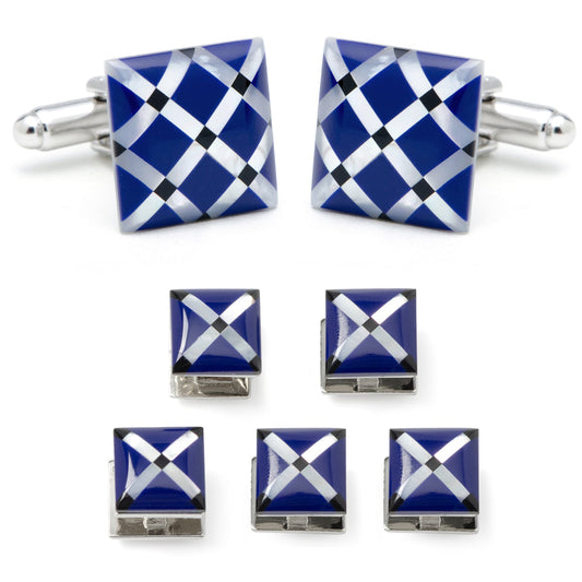 Set of blue and white checkered cufflinks and tie clips on a white background