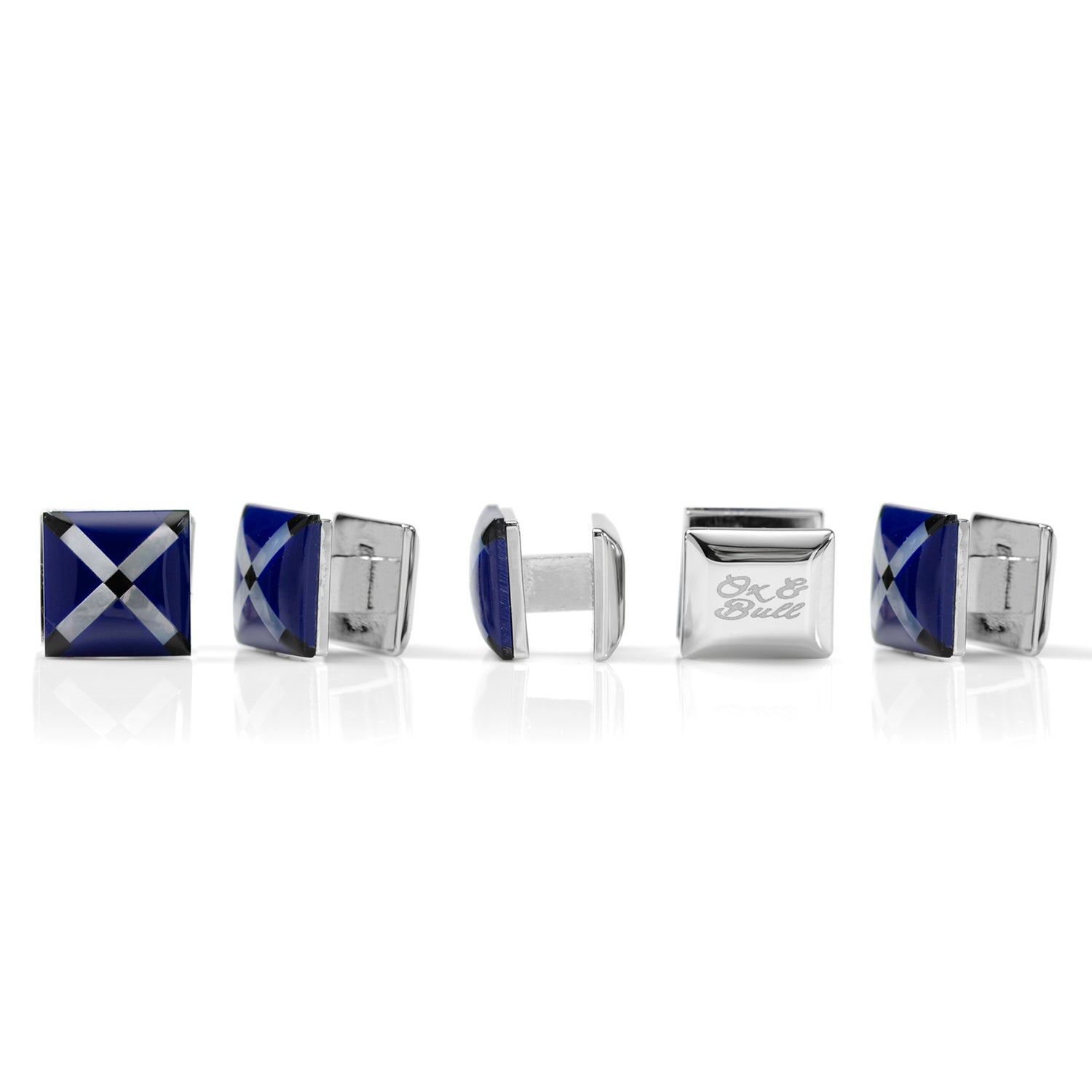 Set of cufflinks with blue and silver design on a white background