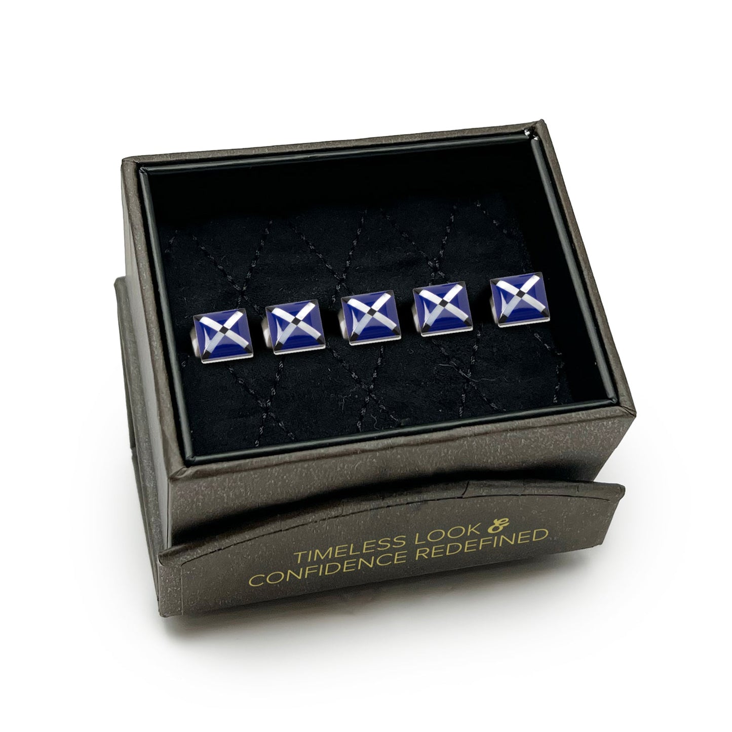 Set of blue and silver square cufflinks in a black box with text on a white background
