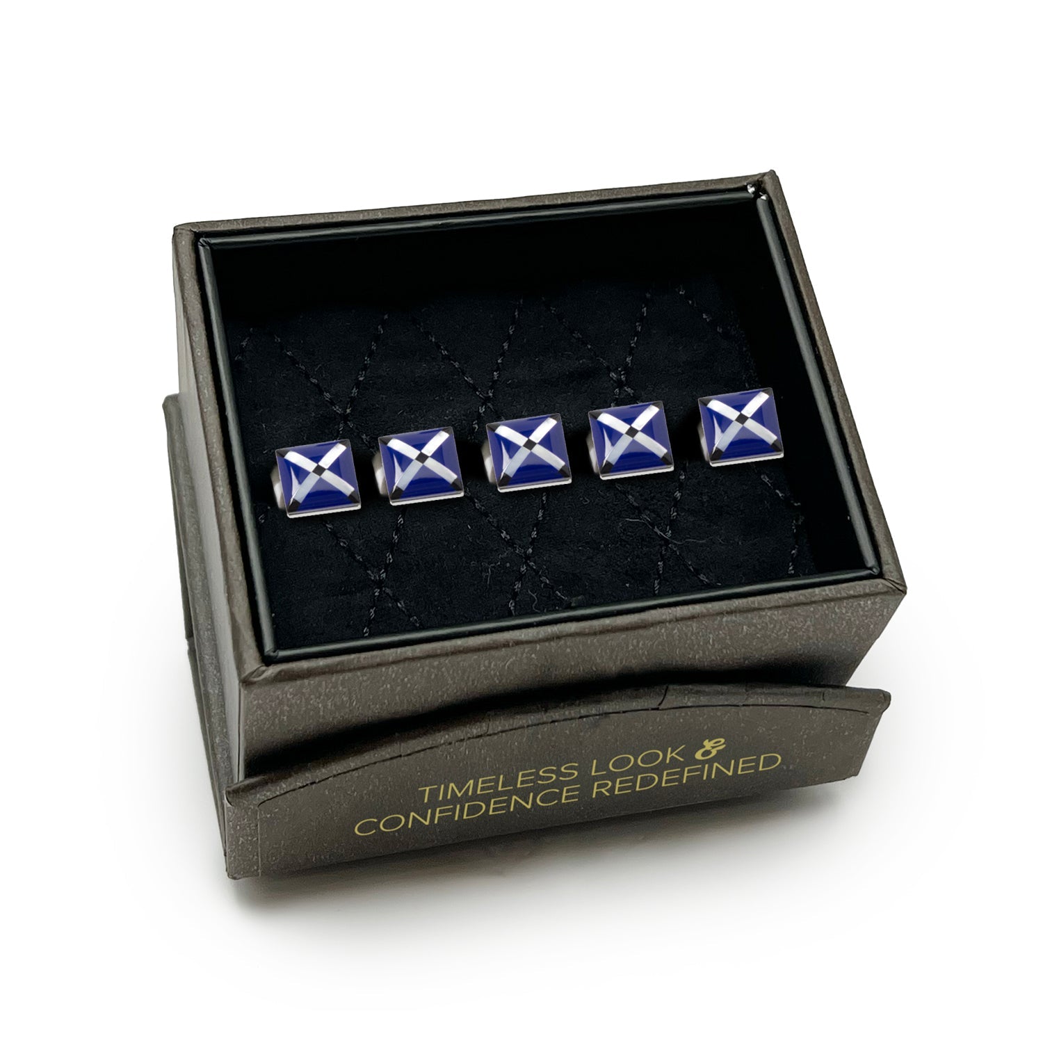 Set of blue and silver square cufflinks in a black box with text on a white background