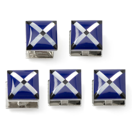 Set of five square cufflinks with a blue background and white cross design on a white background.