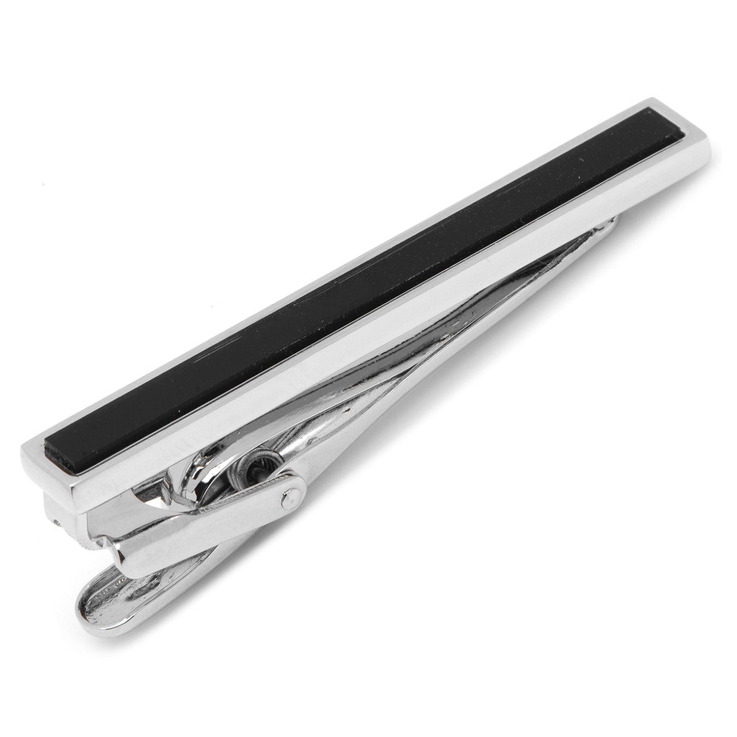 Silver tie clip with black bar on a white background