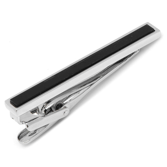 Silver tie clip with black bar on a white background