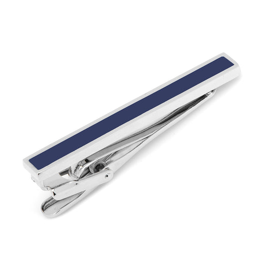 Silver tie clip with a blue stripe on a white background