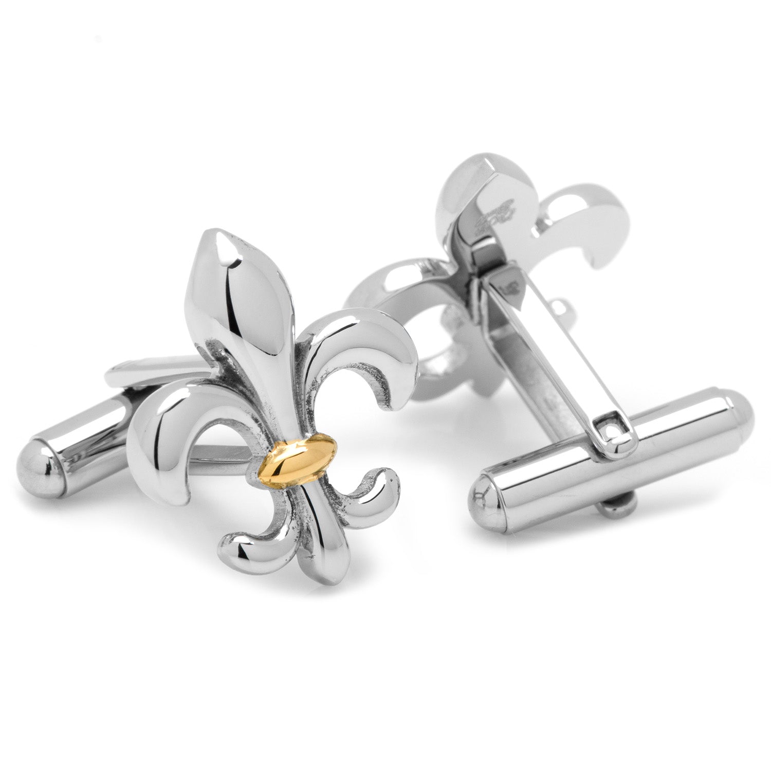 Silver Fleur-de-Lis cufflinks with a gold accent on a white background