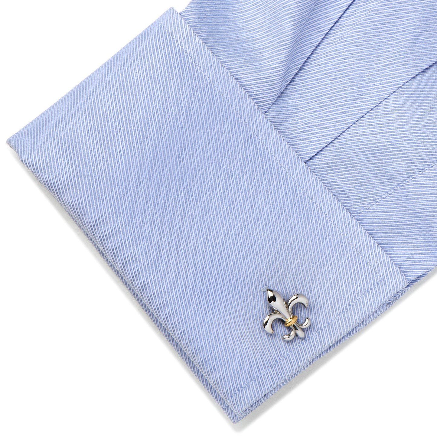 Cufflink on a light blue striped shirt Sterling silver two-tone fleur-de-lis cufflinks – luxury men’s jewelry by JayPins