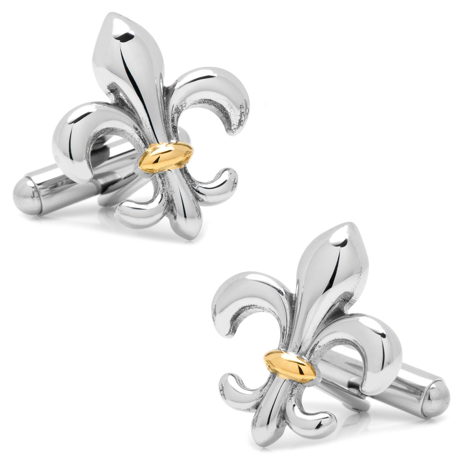 Silver and gold fleur-de-lis cufflinks on a white background