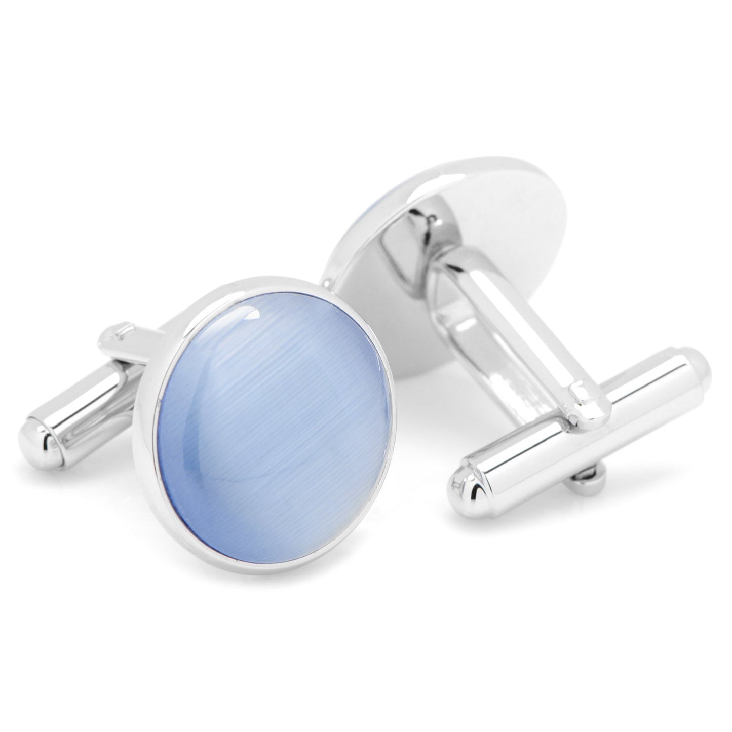 Cufflinks with a blue stone and silver finish on a white background