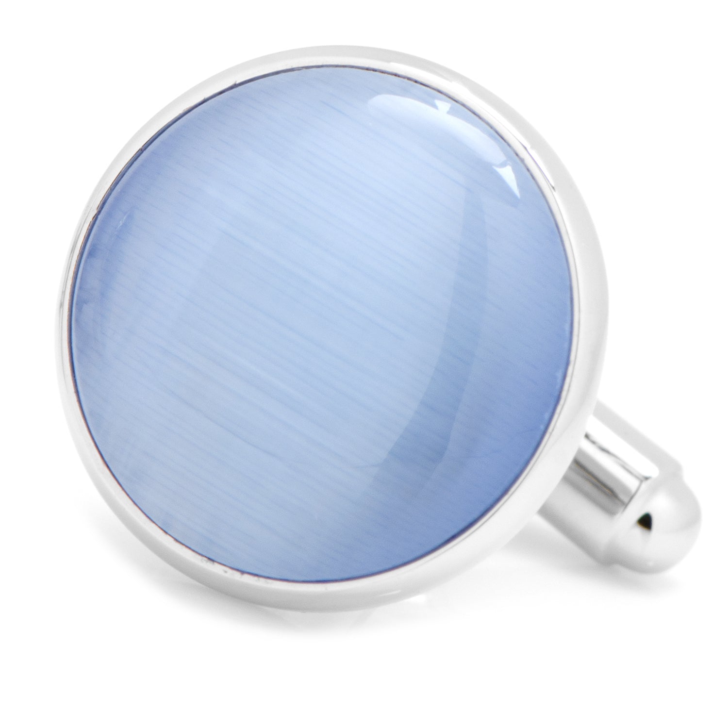 Round cufflink with light blue circular design on a white background