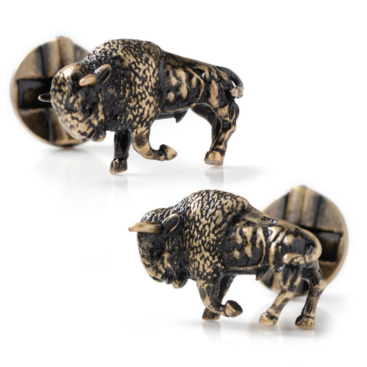 Bronze buffalo cufflinks on a white background
