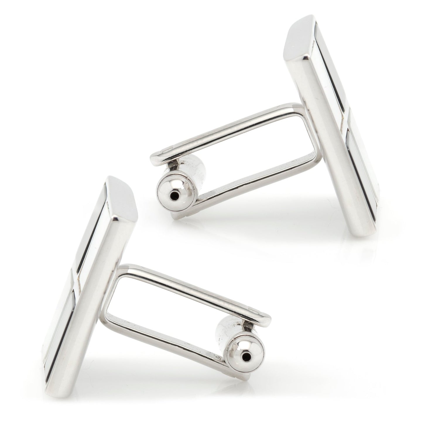 Silver rectangular cufflinks on a white background
