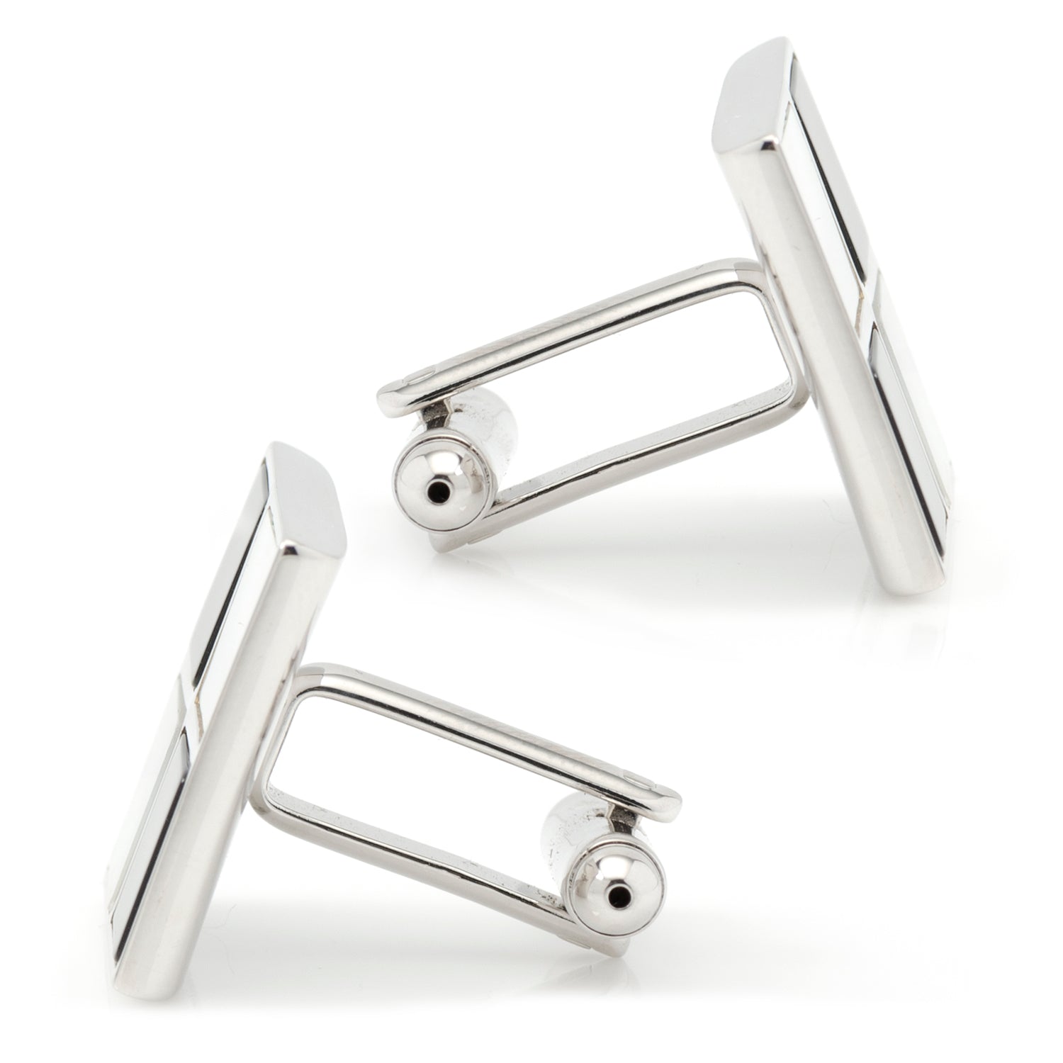 Silver rectangular cufflinks on a white background