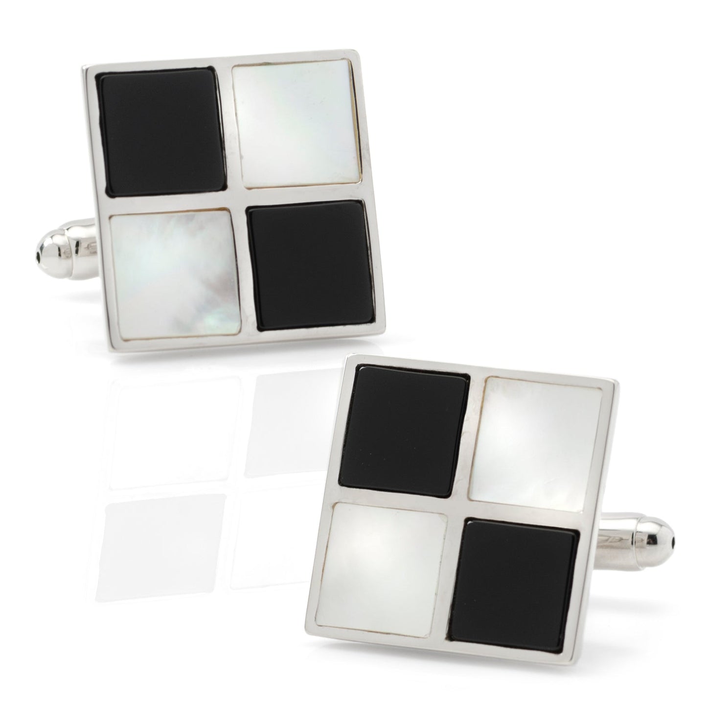 Pair of square cufflinks with black and white square pattern on a white background