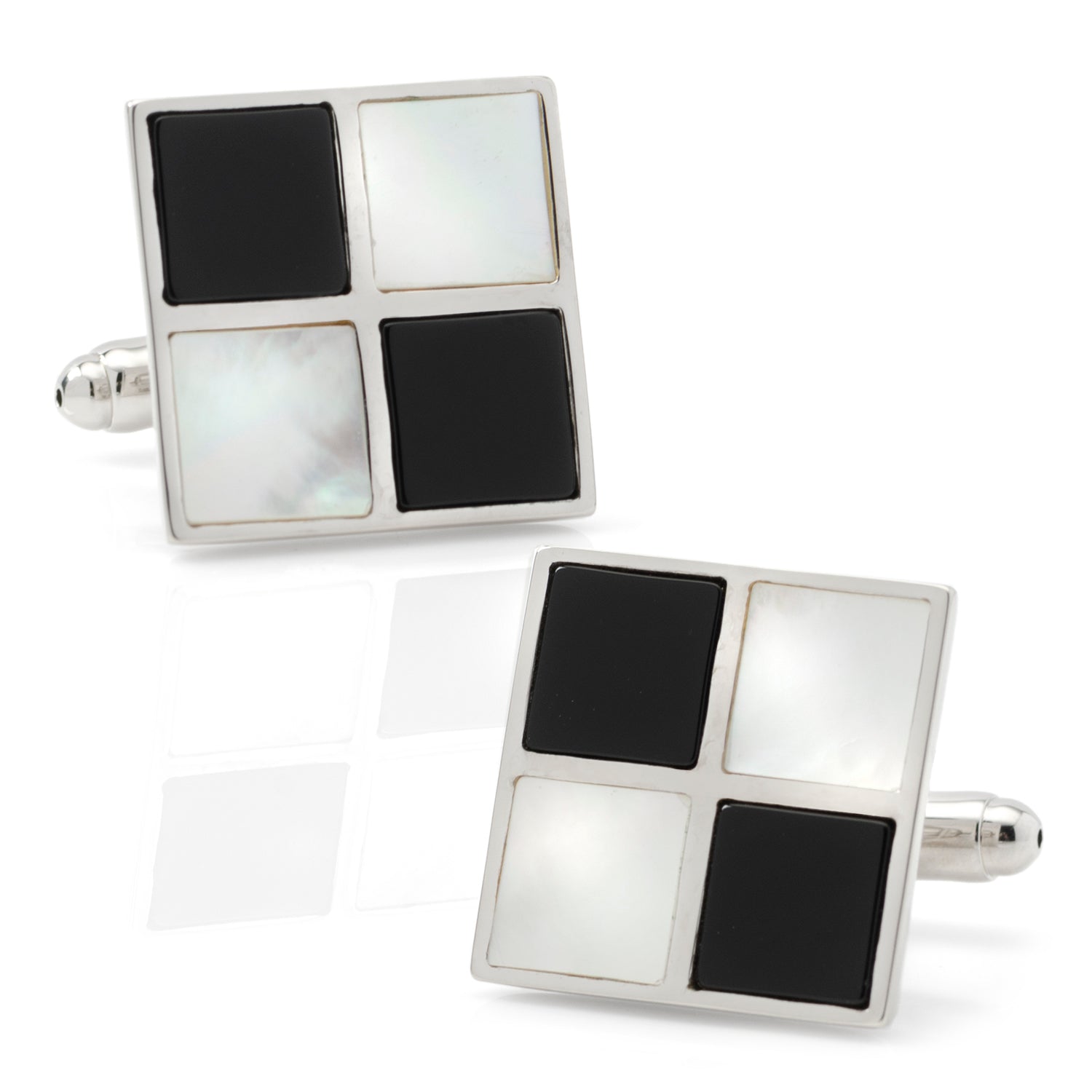 Pair of square cufflinks with black and white square pattern on a white background