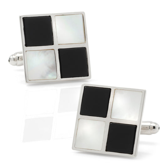 Pair of square cufflinks with black and white square pattern on a white background