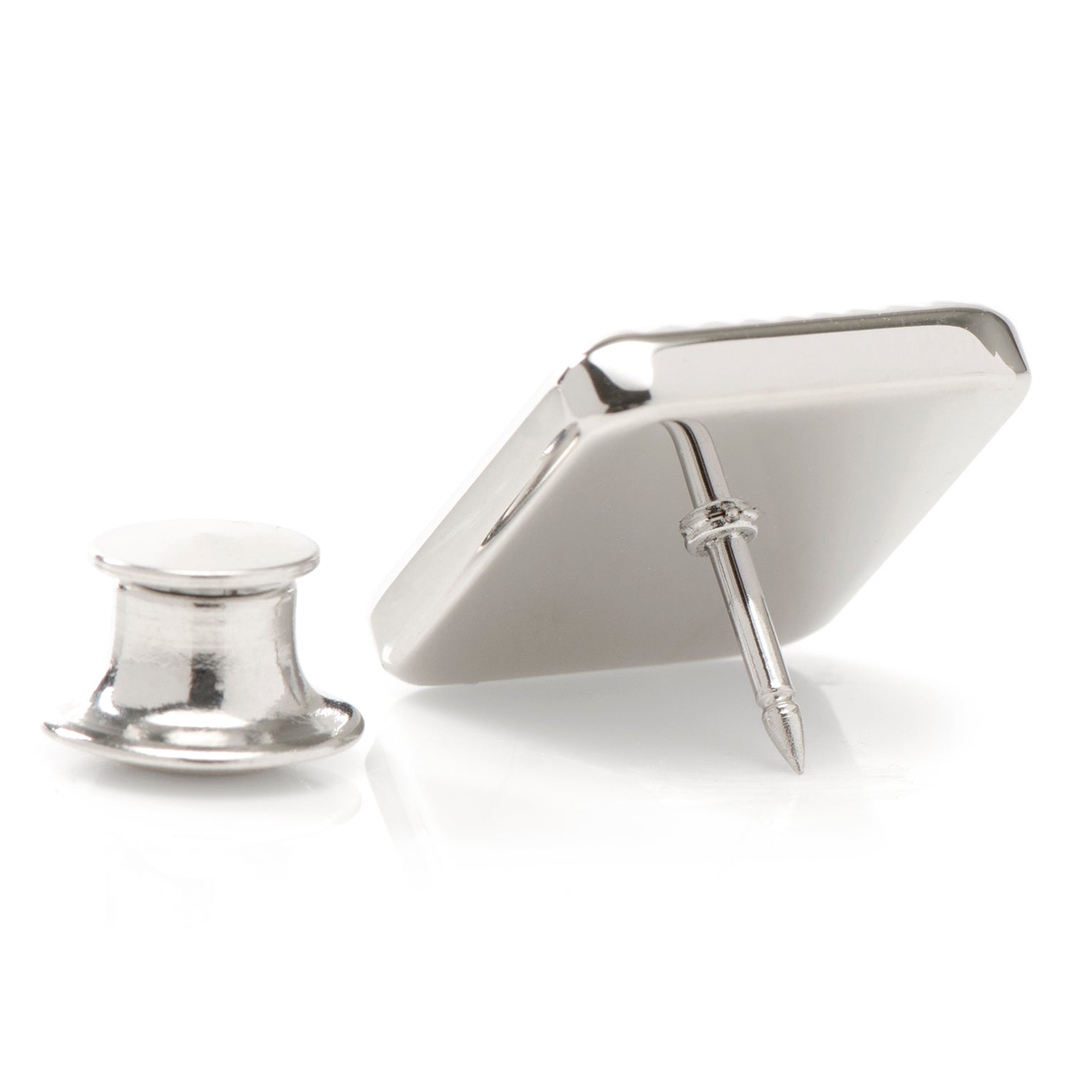 Silver inkwell with quill pen on a white background