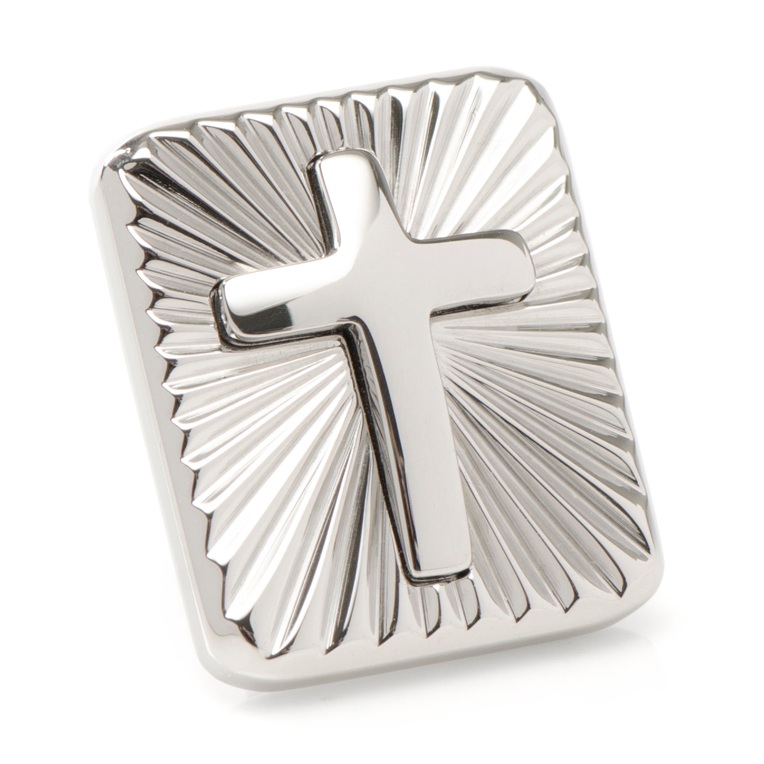 Silver cross pendant with sunburst design on a white background