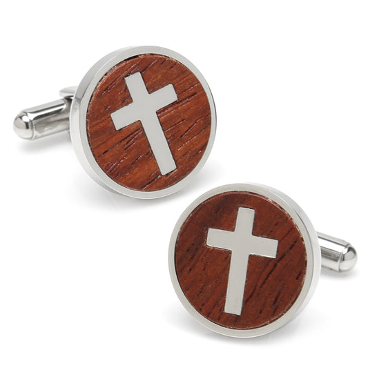 Wooden cufflinks with silver cross design on a white background