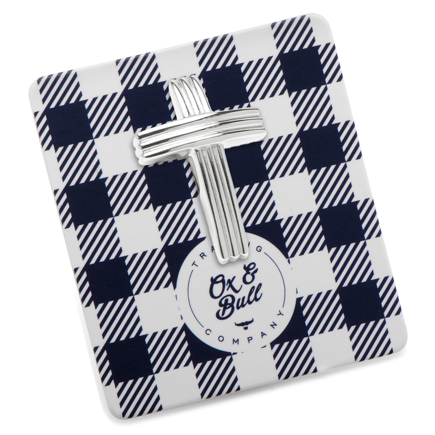 Silver cross pendant on a blue and white checkered card with 'Ox & Bull' branding.